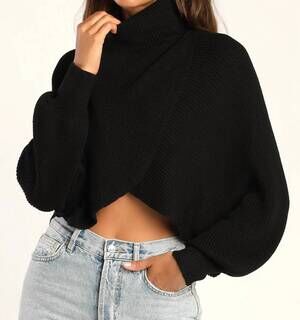 NEW LULUS breezy mornings turtleneck cross front cropped sweater in black